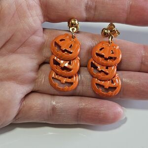 *Sale* Vintage Avon Triple Pumpkin Drop Dangling Earrings Steel Posts Autumn